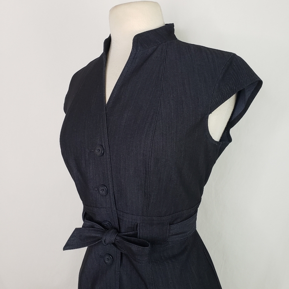 Calvin Klein Cap Sleeve Button Front Belted Dark Wash Denim Dress 10 Petite - Picture 4 of 12